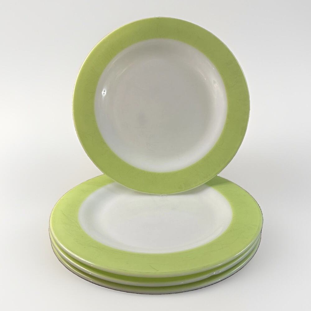Set of 4 Pyrex Lime Green Band Dinner Plate Milk Glass MCM 10" USA 1950-60s